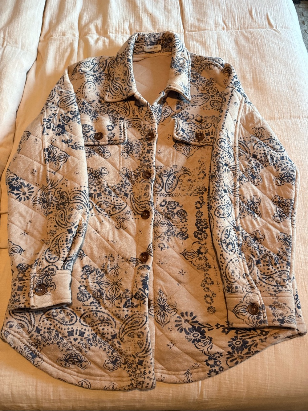 Quilted Paisley Button-Front Shacket in Tan and Navy